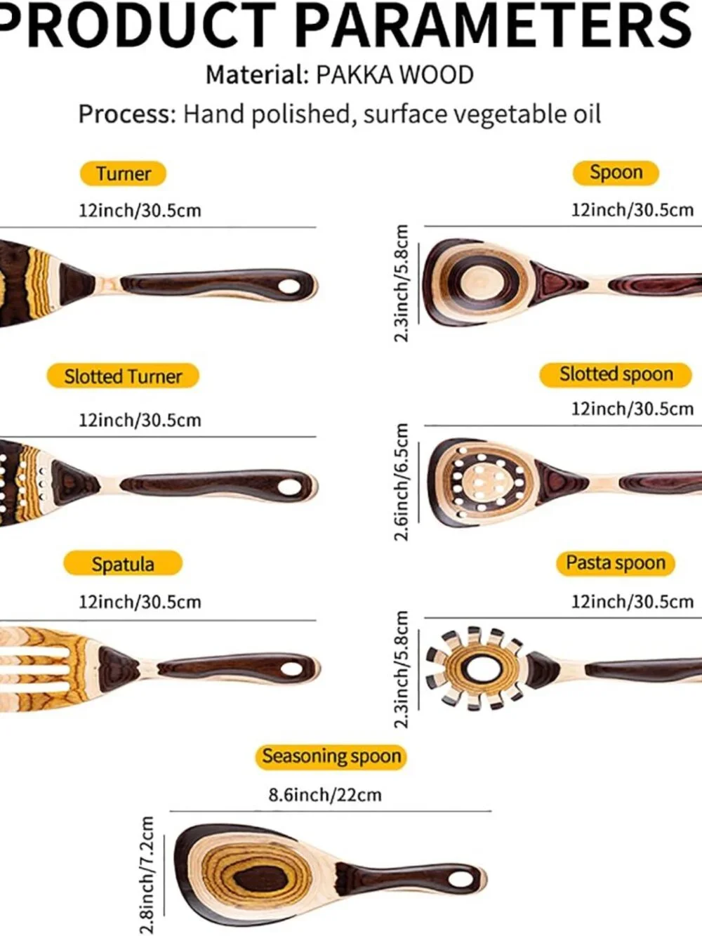 7-Piece Brown Pakkawood Utensils Set – Sturdy, Eco-Friendly, Wooden Spoons NEW